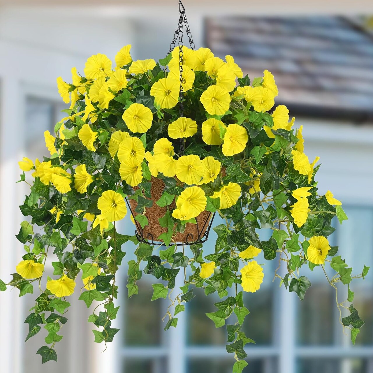 Artificial Hanging Plants Outdoors, Fake Hanging Flowers with Basket (Yellow)